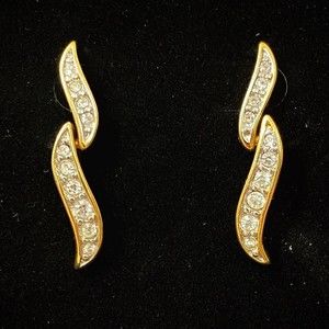 Monet Gold & White Rhinestone Feather Leaf Dangle Post Earrings